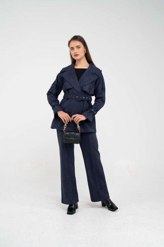 Kuşaklı Çift Düğmeli Süet Dokulu Kadın Takım 1761 - 1