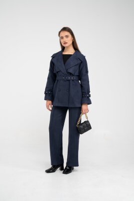 Kuşaklı Çift Düğmeli Süet Dokulu Kadın Takım 1761 - 2