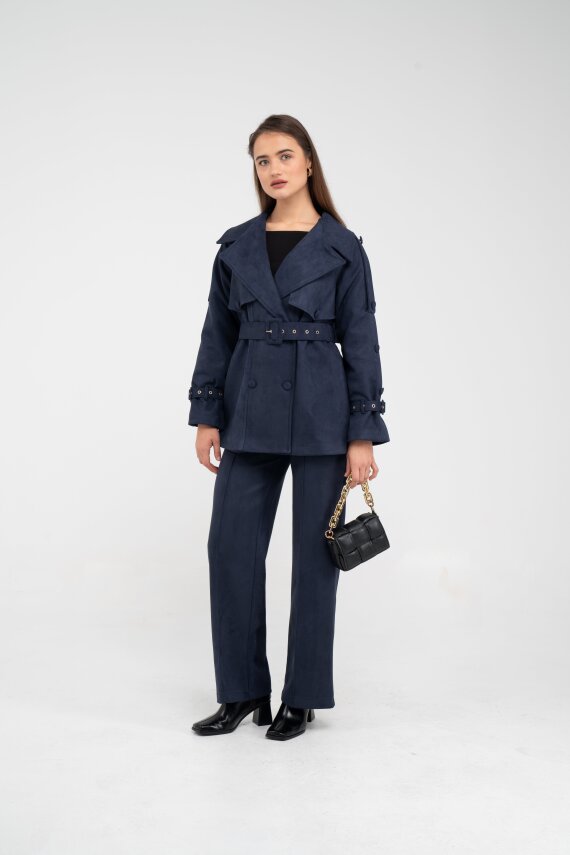 Kuşaklı Çift Düğmeli Süet Dokulu Kadın Takım 1761 - 2