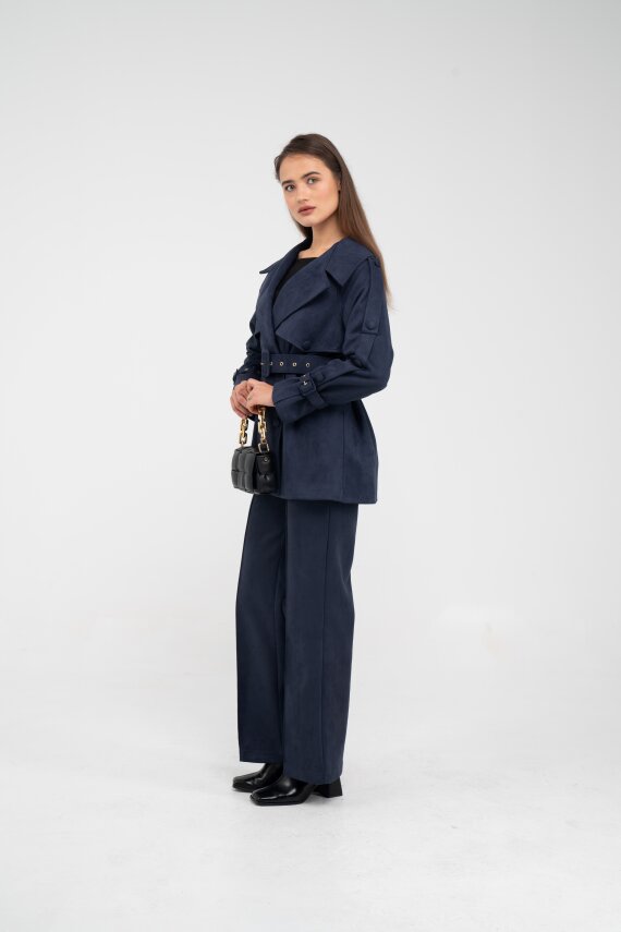 Kuşaklı Çift Düğmeli Süet Dokulu Kadın Takım 1761 - 3