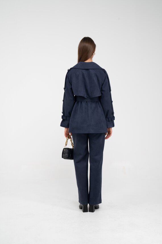 Kuşaklı Çift Düğmeli Süet Dokulu Kadın Takım 1761 - 6