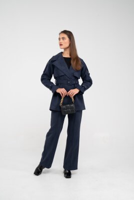 Kuşaklı Çift Düğmeli Süet Dokulu Kadın Takım 1761 - 5