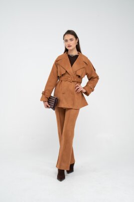 Kuşaklı Çift Düğmeli Süet Dokulu Kadın Takım 1761 - 7