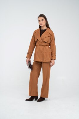 Kuşaklı Çift Düğmeli Süet Dokulu Kadın Takım 1761 - 8