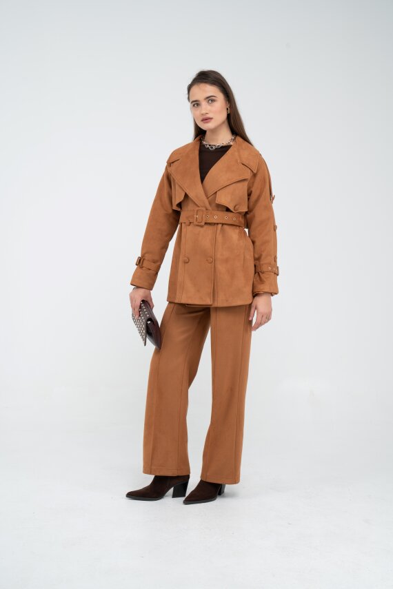 Kuşaklı Çift Düğmeli Süet Dokulu Kadın Takım 1761 - 8