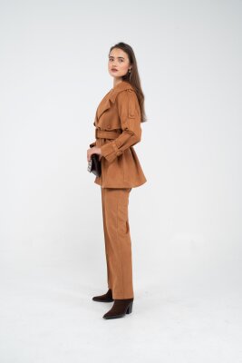 Kuşaklı Çift Düğmeli Süet Dokulu Kadın Takım 1761 - 9