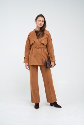 Kuşaklı Çift Düğmeli Süet Dokulu Kadın Takım 1761 - 11