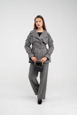 Kuşaklı Çift Düğmeli Süet Dokulu Kadın Takım 1761 - 13