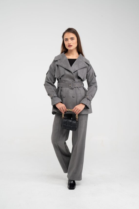 Kuşaklı Çift Düğmeli Süet Dokulu Kadın Takım 1761 - 13