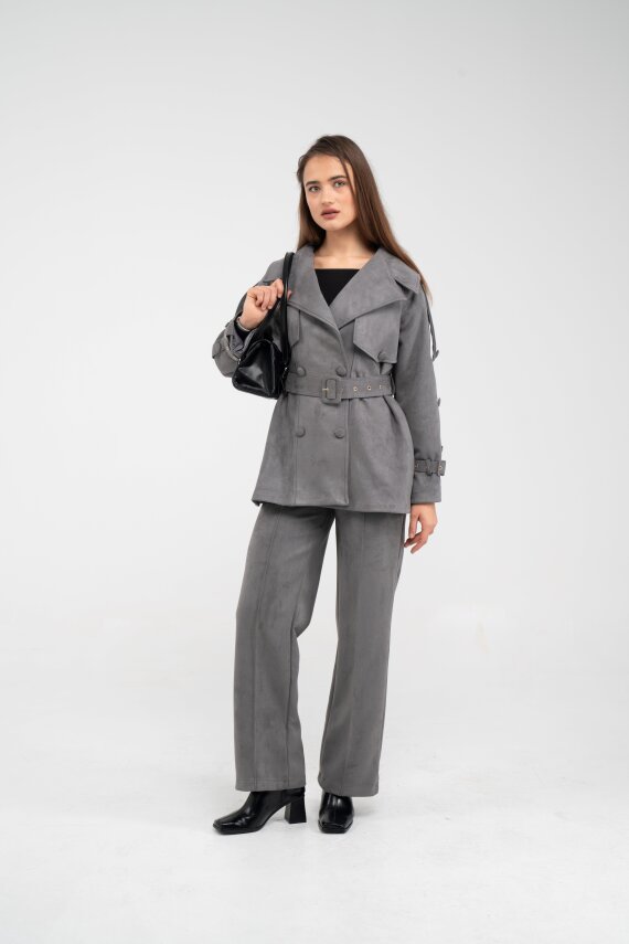 Kuşaklı Çift Düğmeli Süet Dokulu Kadın Takım 1761 - 14