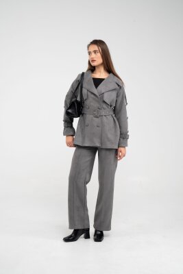 Kuşaklı Çift Düğmeli Süet Dokulu Kadın Takım 1761 - 15