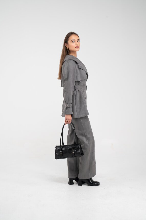 Kuşaklı Çift Düğmeli Süet Dokulu Kadın Takım 1761 - 17