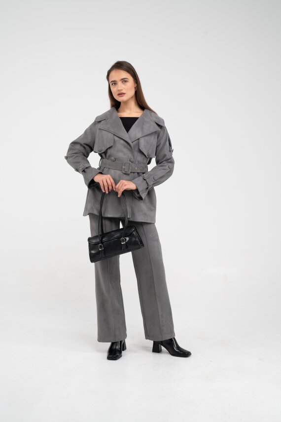 Kuşaklı Çift Düğmeli Süet Dokulu Kadın Takım 1761 - 18