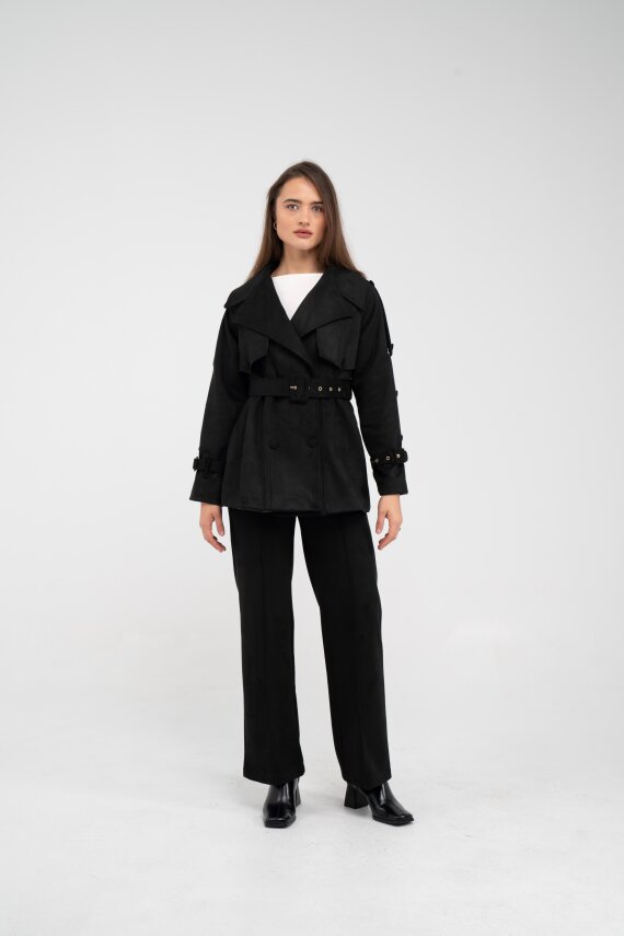 Kuşaklı Çift Düğmeli Süet Dokulu Kadın Takım 1761 - 20