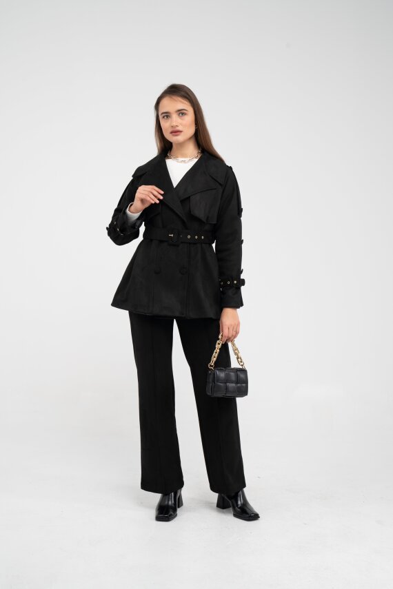 Kuşaklı Çift Düğmeli Süet Dokulu Kadın Takım 1761 - 21