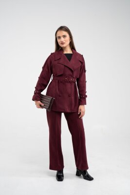 Kuşaklı Çift Düğmeli Süet Dokulu Kadın Takım 1761 - 27