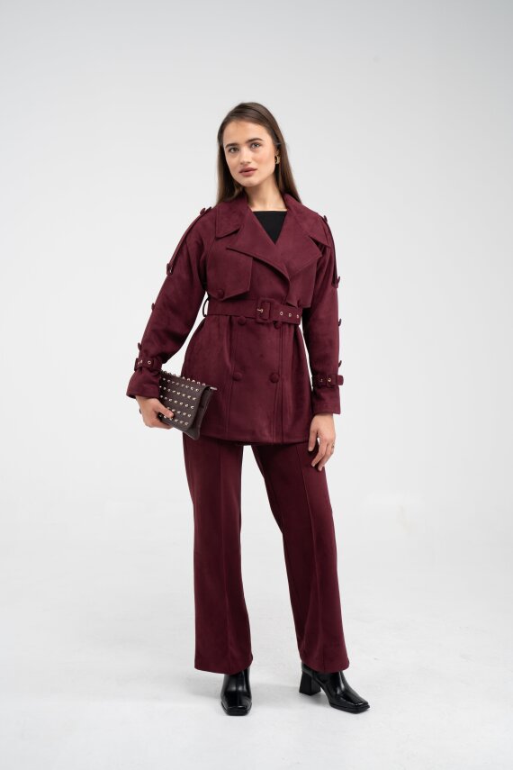 Kuşaklı Çift Düğmeli Süet Dokulu Kadın Takım 1761 - 27