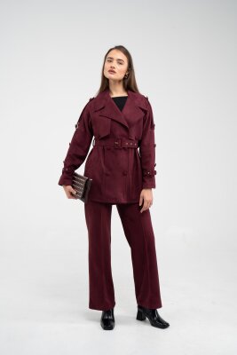 Kuşaklı Çift Düğmeli Süet Dokulu Kadın Takım 1761 - 28
