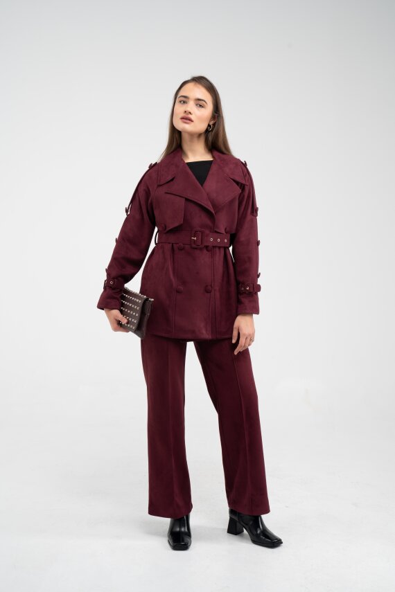 Kuşaklı Çift Düğmeli Süet Dokulu Kadın Takım 1761 - 28