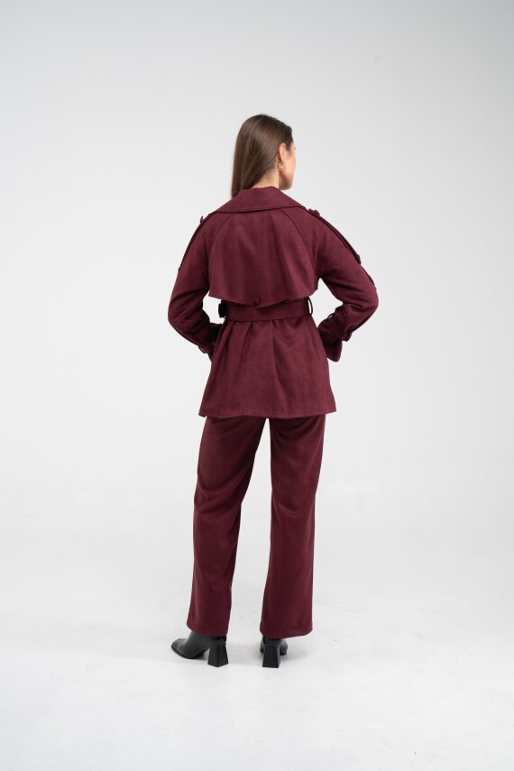 Kuşaklı Çift Düğmeli Süet Dokulu Kadın Takım 1761 - 34