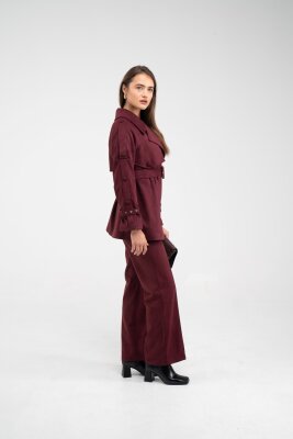 Kuşaklı Çift Düğmeli Süet Dokulu Kadın Takım 1761 - 31