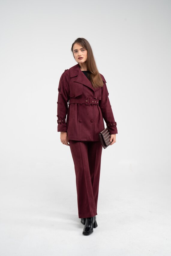 Kuşaklı Çift Düğmeli Süet Dokulu Kadın Takım 1761 - 32