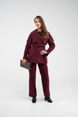 Kuşaklı Çift Düğmeli Süet Dokulu Kadın Takım 1761 - 33