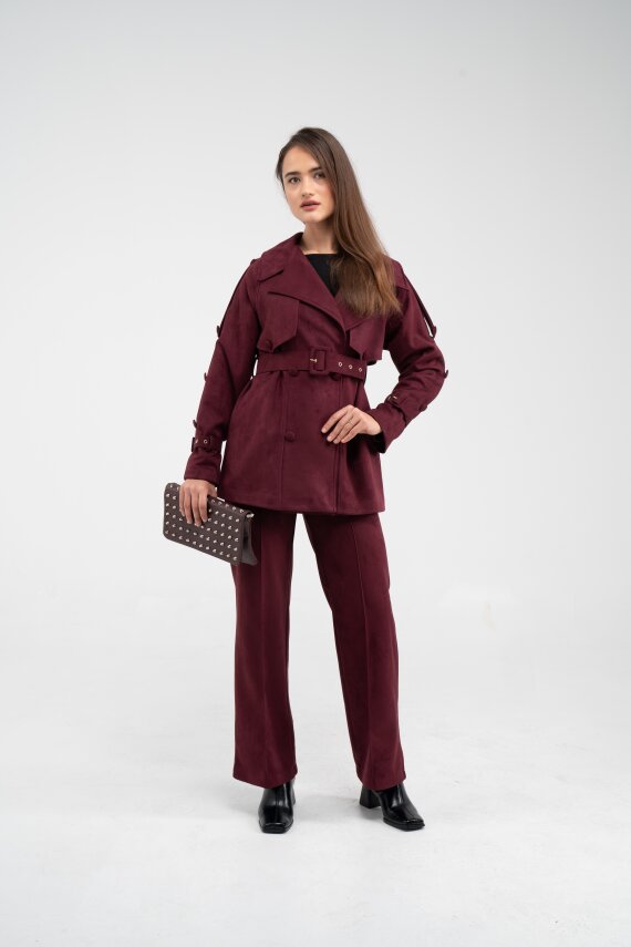 Kuşaklı Çift Düğmeli Süet Dokulu Kadın Takım 1761 - 33