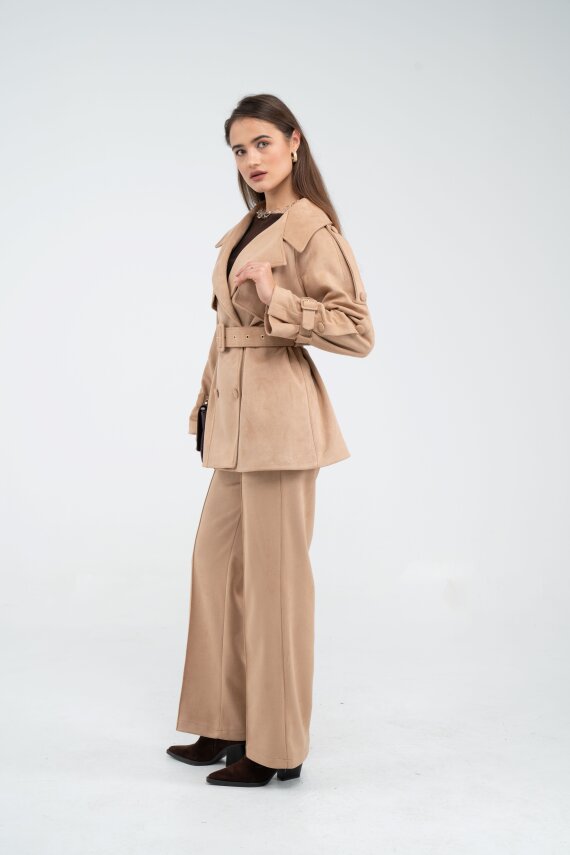 Kuşaklı Çift Düğmeli Süet Dokulu Kadın Takım 1761 - 36