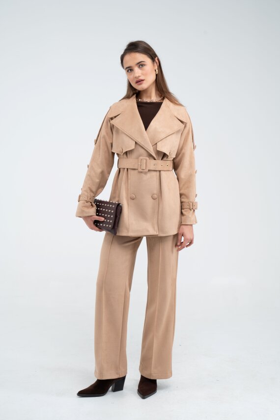 Kuşaklı Çift Düğmeli Süet Dokulu Kadın Takım 1761 - 37