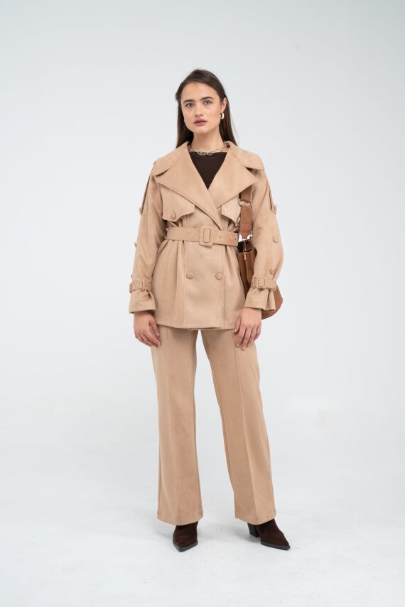 Kuşaklı Çift Düğmeli Süet Dokulu Kadın Takım 1761 - 35