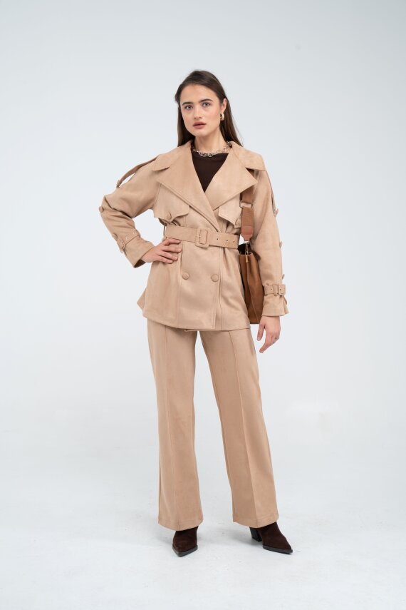 Kuşaklı Çift Düğmeli Süet Dokulu Kadın Takım 1761 - 38