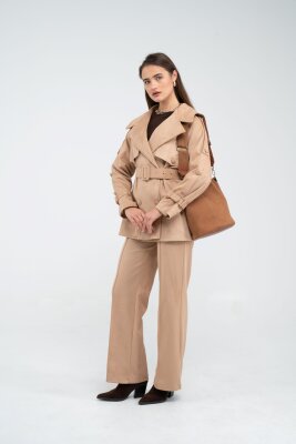 Kuşaklı Çift Düğmeli Süet Dokulu Kadın Takım 1761 - 40