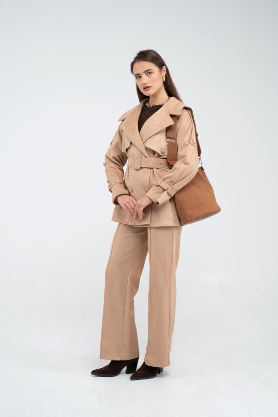 Kuşaklı Çift Düğmeli Süet Dokulu Kadın Takım 1761 - 40