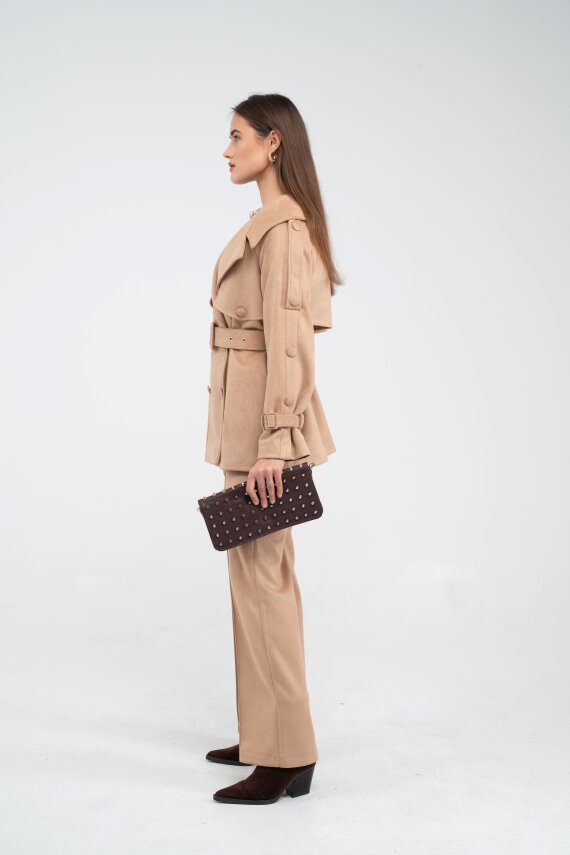 Kuşaklı Çift Düğmeli Süet Dokulu Kadın Takım 1761 - 42