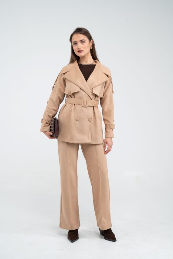 Kuşaklı Çift Düğmeli Süet Dokulu Kadın Takım 1761 - 41