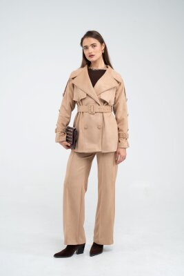 Kuşaklı Çift Düğmeli Süet Dokulu Kadın Takım 1761 - 43