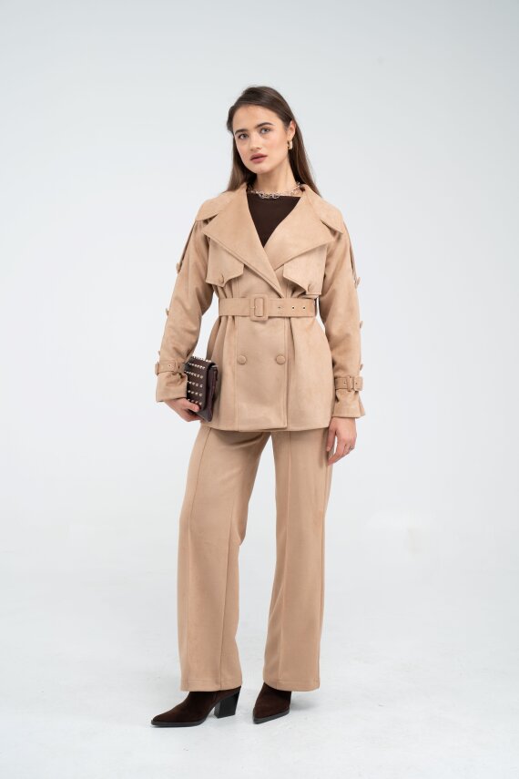 Kuşaklı Çift Düğmeli Süet Dokulu Kadın Takım 1761 - 43