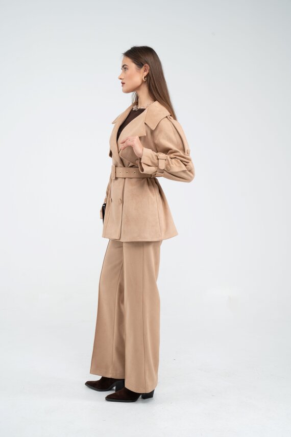 Kuşaklı Çift Düğmeli Süet Dokulu Kadın Takım 1761 - 44