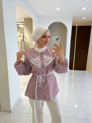 Nakış Detaylı Bel Bağlamalı Kol Lastik Basıc Gömlek - 3