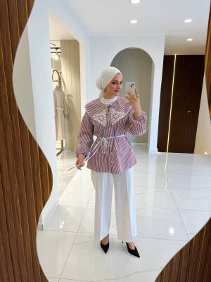 Nakış Detaylı Bel Bağlamalı Kol Lastik Basıc Gömlek - 4