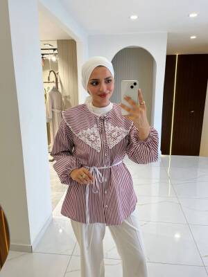 Nakış Detaylı Bel Bağlamalı Kol Lastik Basıc Gömlek - 5
