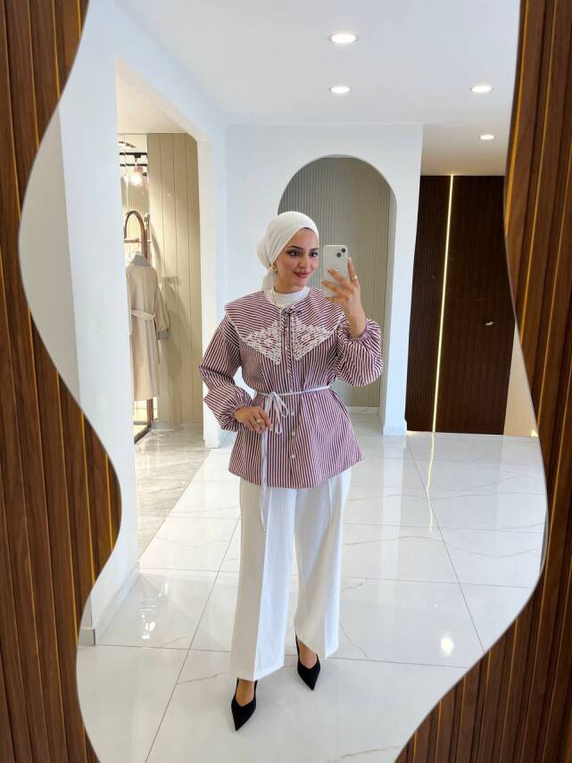 Nakış Detaylı Bel Bağlamalı Kol Lastik Basıc Gömlek - 6