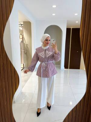 Nakış Detaylı Bel Bağlamalı Kol Lastik Basıc Gömlek - 7