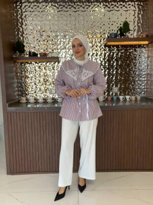 Nakış Detaylı Bel Bağlamalı Kol Lastik Basıc Gömlek - 8