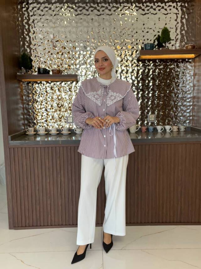 Nakış Detaylı Bel Bağlamalı Kol Lastik Basıc Gömlek - 8