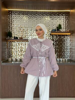 Nakış Detaylı Bel Bağlamalı Kol Lastik Basıc Gömlek - 9