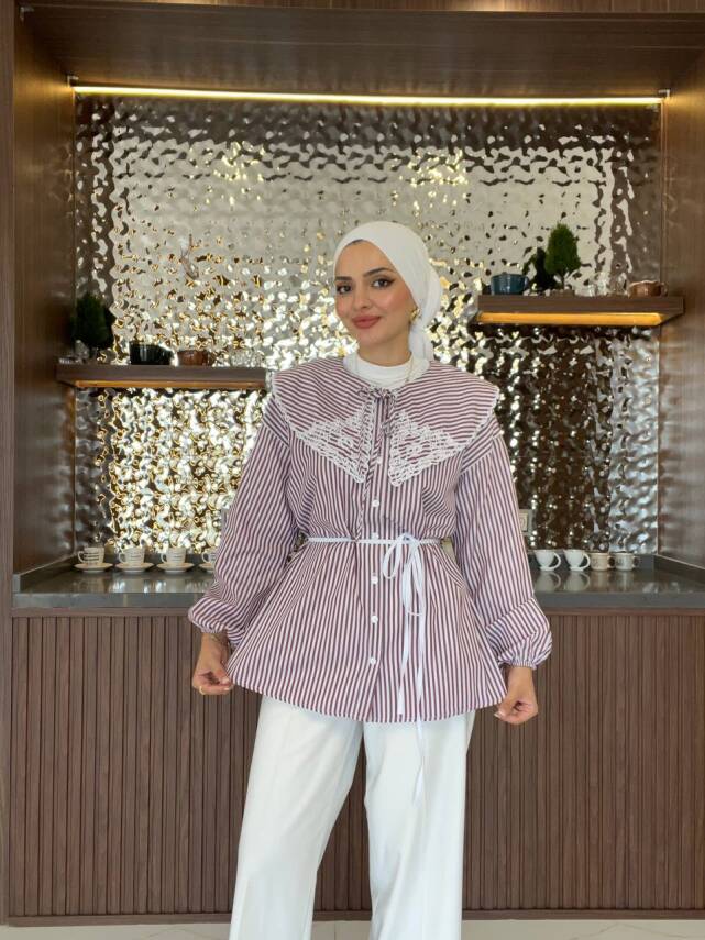 Nakış Detaylı Bel Bağlamalı Kol Lastik Basıc Gömlek - 9