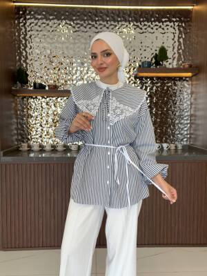 Nakış Detaylı Bel Bağlamalı Kol Lastik Basıc Gömlek - 10