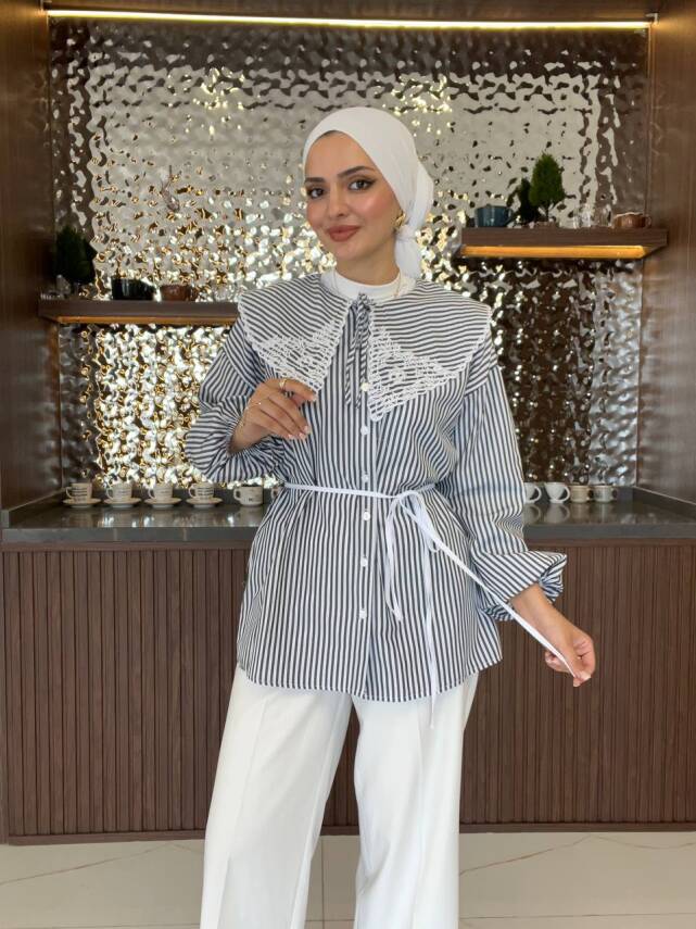 Nakış Detaylı Bel Bağlamalı Kol Lastik Basıc Gömlek - 10